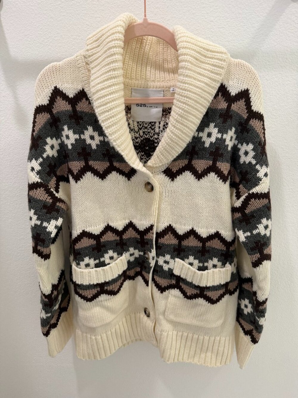 525 America Fair Isle Shawl Collar Cardigan Chalk Combo Size S